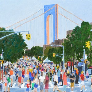 Verrazano Bridge, Bay Ridge, Brooklyn, Color Print on Watercolor paper, Summer Stroll, Oil Painting