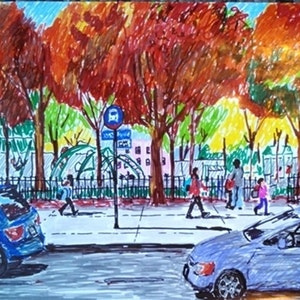 May include: A hand-drawn illustration of a street scene with fall foliage in shades of red, orange, and yellow.  People are walking on the sidewalk, and there are two cars parked on the street.  A bus stop sign is visible in the background.