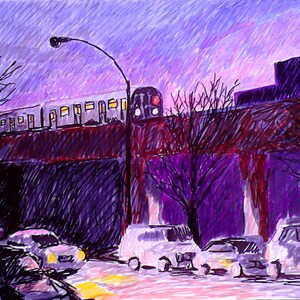 以下が含まれることがあります： 薄暗がりの中で、街の上を走る電車を描いた、紫とピンクの水彩画です。電車は空を背景にシルエットになっており、下には車が停まっています。この絵は、夢のように、雰囲気のある仕上がりになっています。