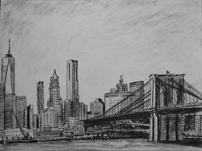 May include: A black and white pencil drawing of the New York City skyline with the Brooklyn Bridge in the foreground.