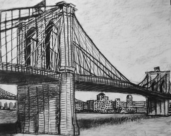 Brooklyn Bridge, from Manhattan, East River, Dumbo, Downtown, NYC, New York Bridge, Black and white, drawing, 14 by 17 inches.