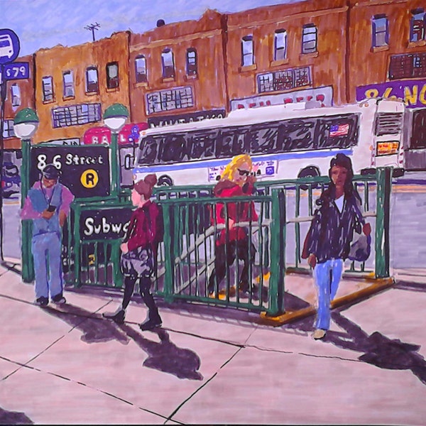 Subway Station, New York City, Brooklyn Fine Art Print, Bus Stop and 86th Street R Train Entrance, 14 by 17 inches, markers, April, 2014.