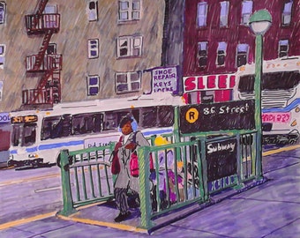 R Train Subway Entrance, sharpie markers on paper, 14 by 17 inches, March, 2014.