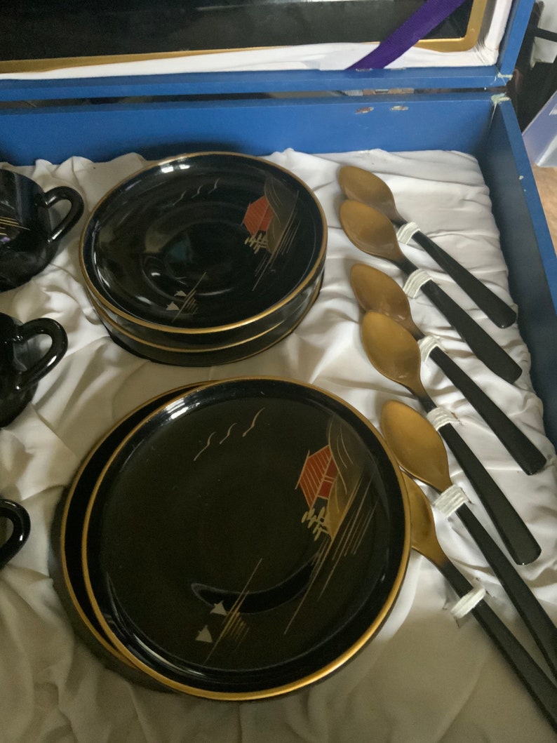 Japanese Lacquerware Tea Set, Teacups, Saucers, Spoons and Tray in