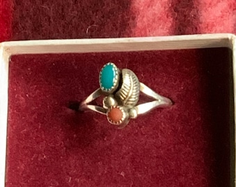 Gorgeous silver ring with turquoise and coral stones