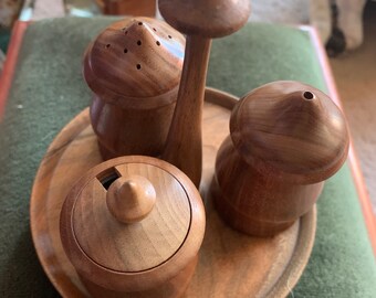 Scandinavian style turned wood condiment set in stand