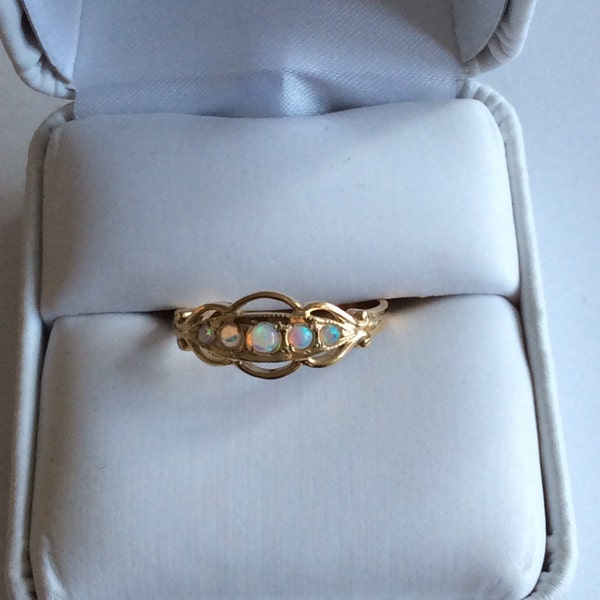 Reserved for Aaron Art Nouveau five Opal 9ct gold ring