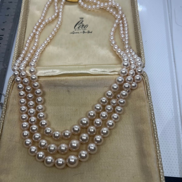 Mid Century Ciro triple strand of pearls with 9ct gold clasp