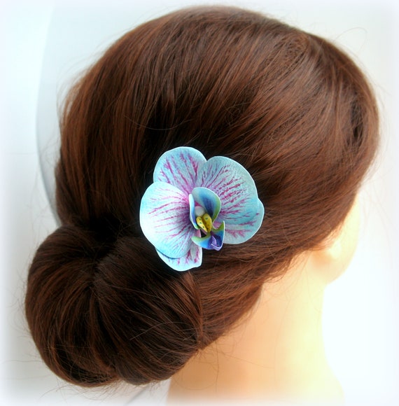 Blue Orchid Hair Clip Handpainting Flower Clip Orchid Flower Headpiece Tropical Wedding Accessory Flower Updo Orchid Hairpin