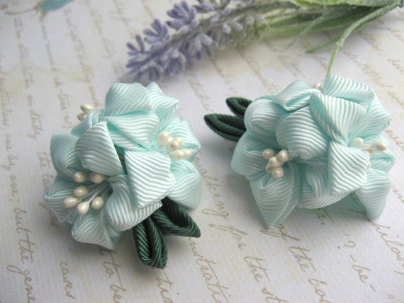 Fabric flower ponytail Mint flower clip Set of 2 Gift for girl | Etsy