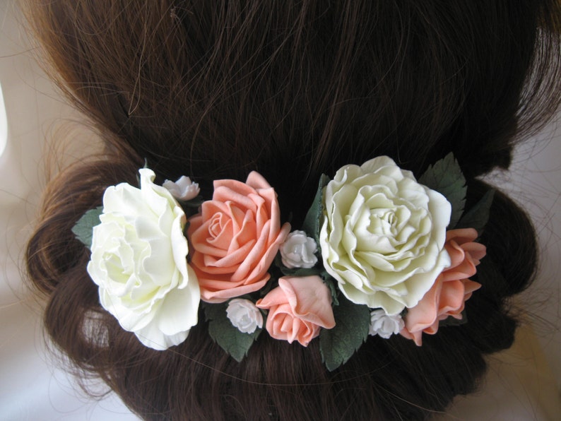 Bridal roses flower hair comb. Coral Ivory rose for bridal Etsy