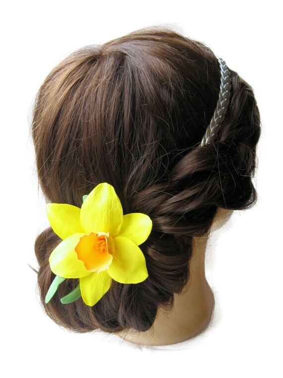 Yellow Daffodil Flower Hair Clip For Bridal Yellow Narcissus Updo Flower Clip Spring Wedding Accessories Boho Style In Spring Wedding