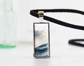 Ocean Pendant Necklace - Sea Jewelry - Rectangular Pendant - Leather - Wave Necklace - Ocean Jewelry - Water Necklace - Sea - Sky - (M8117)