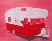 Acrylic Painting, Camper, Original, Red and Pink Wall Art, Small Wall Art, 12x12, The Get Away