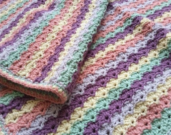 UK Seller! A Crocheted Shell Stitch Baby Blanket in Deep Violet and Cream