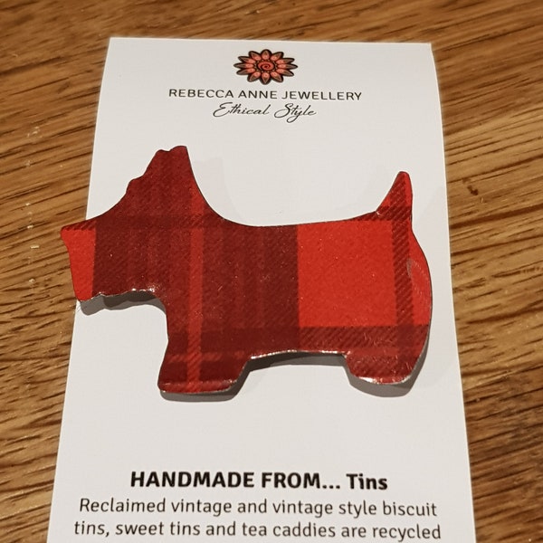 Red Tartan Scottie Dog Brooch,Gift for her, Eco Gift, Birthday Gift, Dog Badge, Animal Pin Badge, Recycled Gift, Handmade Brooch