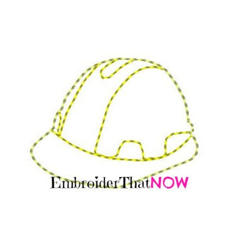 Puede incluir: Un contorno amarillo de un casco de obra, un tipo de casco de seguridad, con el texto "EmbroiderThatNOW" debajo.