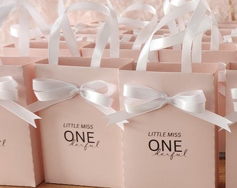 Onederful Blush/Pale Pink Small Elegant goodie Bags with satin ribbon handles and custom name