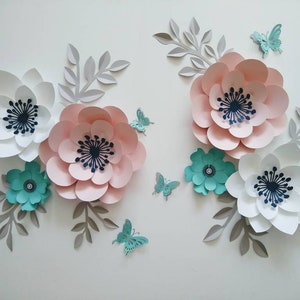 Paper flowers with leaves nursery paper flowers, large paper flowers, nursery decor, nursery wall decor, paper flower decor