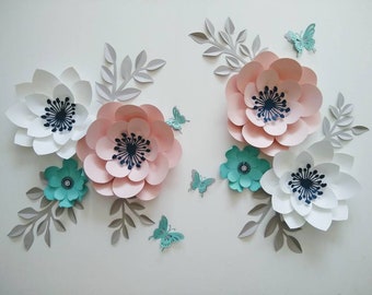 Paper flowers with leaves nursery paper flowers, large paper flowers, nursery decor, nursery wall decor, paper flower decor