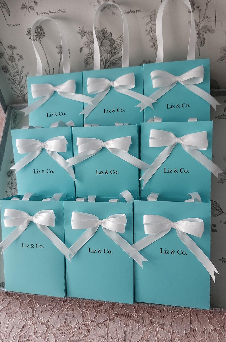 May include: Nine turquoise blue gift bags with white satin ribbon bows and the text "Liz & Co." printed on the front.