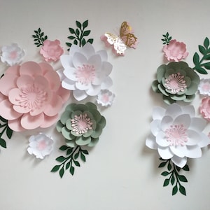 Floral set sage, white and pink paper flowers, wall decor paper flowers, nursery decor, nursery wall decor, paper flower decor