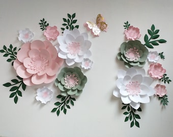 Floral set sage, white and pink paper flowers, wall decor paper flowers, nursery decor, nursery wall decor, paper flower decor