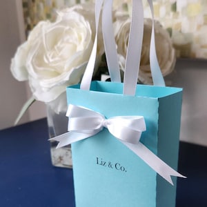 May include: A light blue gift bag with a white satin ribbon and bow. The bag has a white satin handle and the text "Liz & Co." printed on the front.