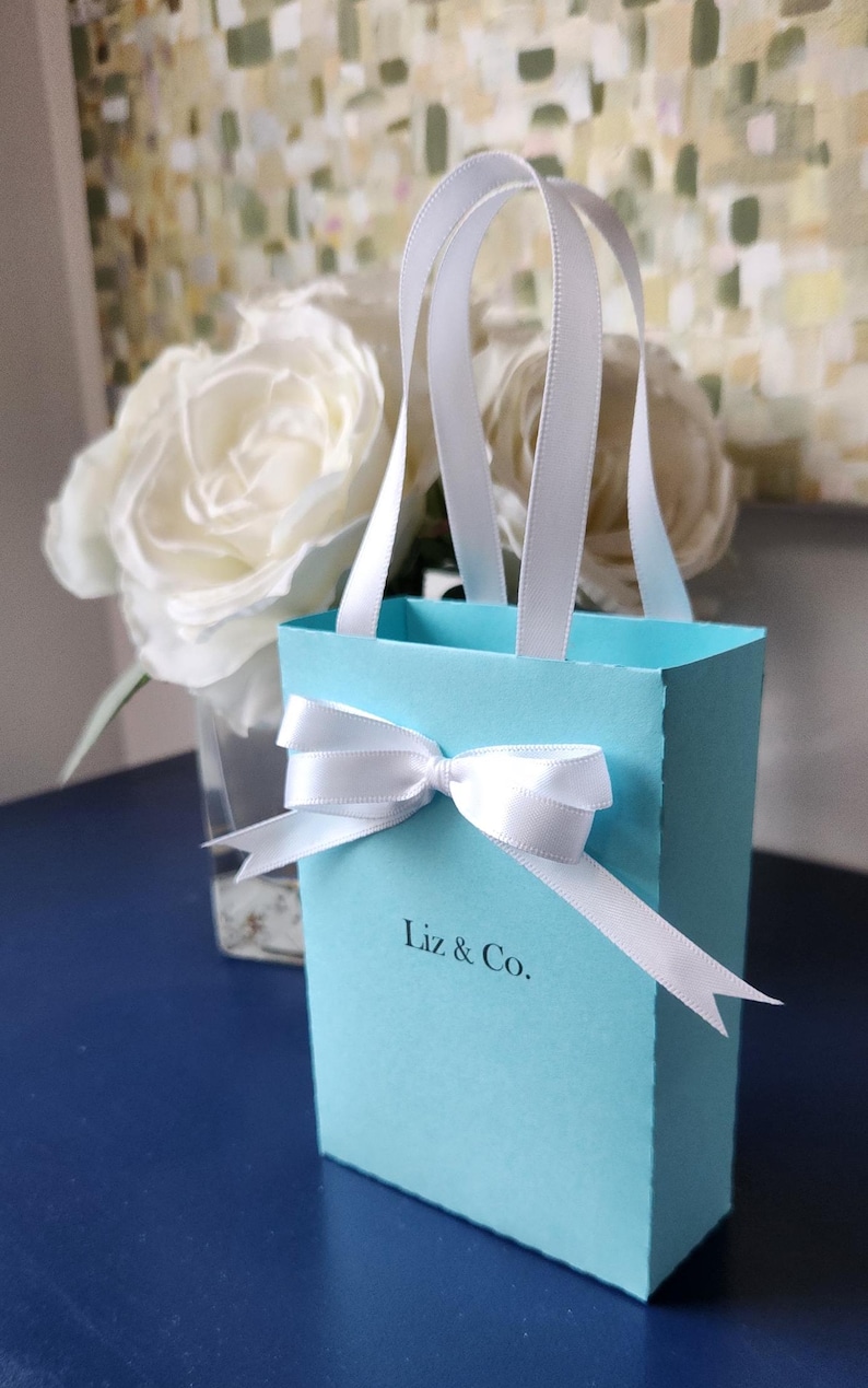 May include: A light blue gift bag with a white satin ribbon and bow. The bag has a white satin handle and the text "Liz & Co." printed on the front.