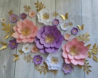 Conjunto floral Flores de papel moradas, blancas y rosas, flores de papel para decoración de pared, decoración para guardería, decoración de pared para guardería, decoración de flores de papel