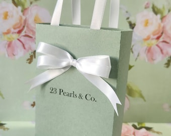 Sage Green favor bags. Elegant Bags for guests with satin ribbon handles and custom name