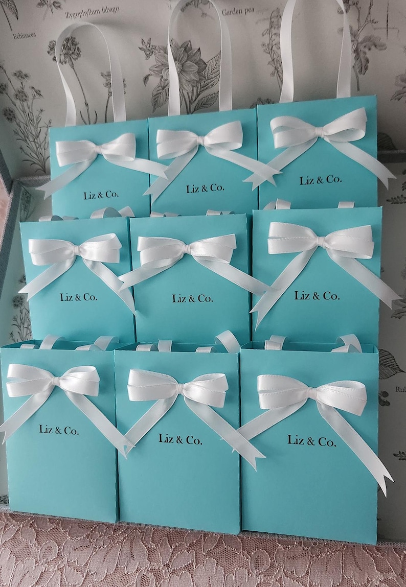 May include: Nine turquoise blue gift bags with white ribbon bows and the text "Liz & Co." printed on the front.