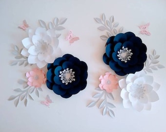 Navy set of paper flowers with leaves nursery paper flowers, large paper flowers, nursery decor, nursery wall decor, paper flower decor