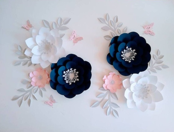 Navy set of paper flowers with leaves nursery paper flowers, large paper flowers, nursery decor, nursery wall decor, paper flower decor