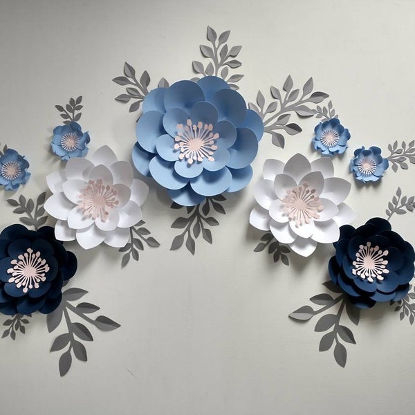 Floral set navy, white and powdered blue paper flowers, wall decor paper flowers, nursery decor, nursery wall decor, paper flower decor