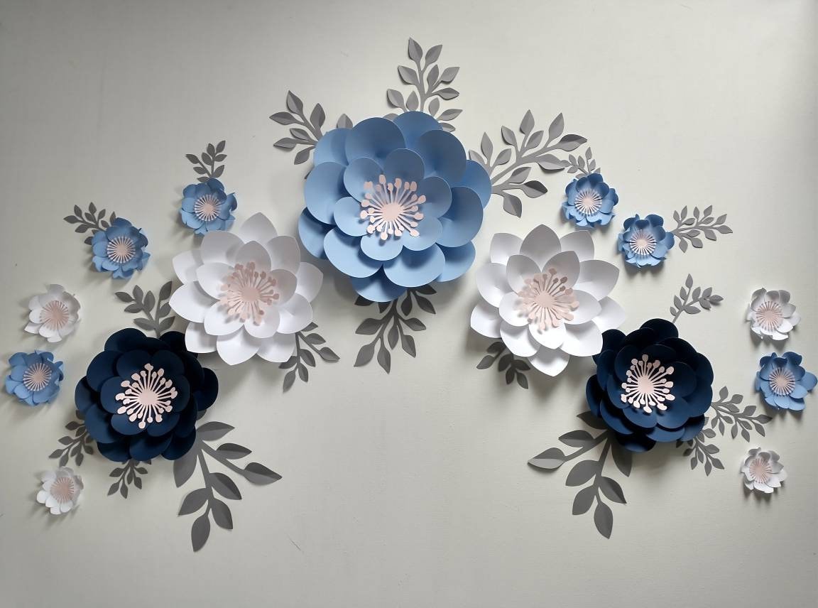 Floral set navy, white and powdered blue paper flowers, wall decor paper flowers, nursery decor, nursery wall decor, paper flower decor
