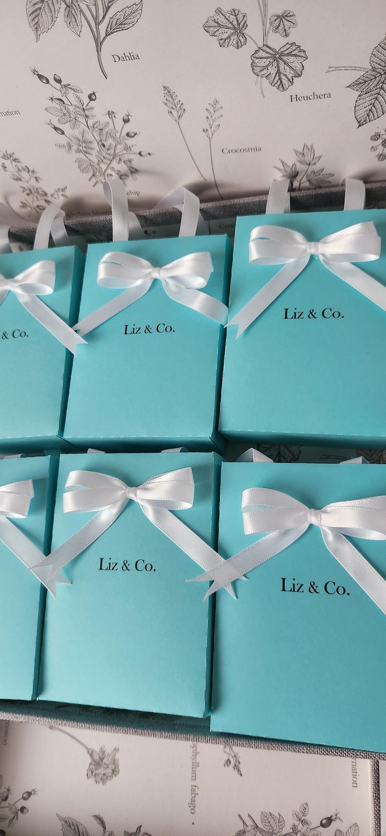 May include: Six turquoise blue gift boxes with white satin ribbon bows and the text "Liz & Co." printed on the front of each box.