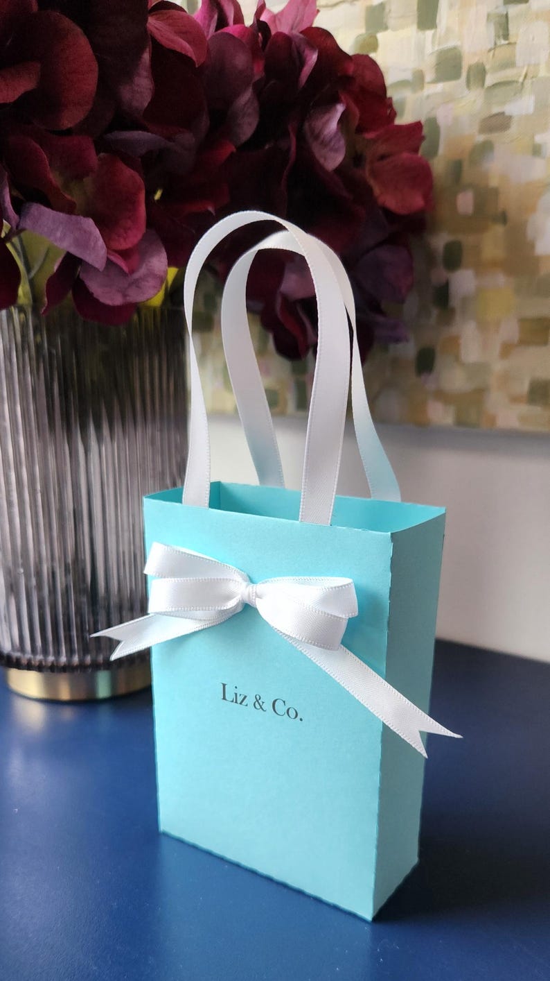 May include: A light blue gift bag with white ribbon handles and a white bow. The bag has the text "Liz & Co." printed on the front.