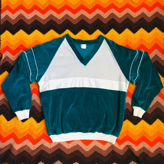 70s Velour Sweatshirt V-Neck - Vintage 1970s Velou