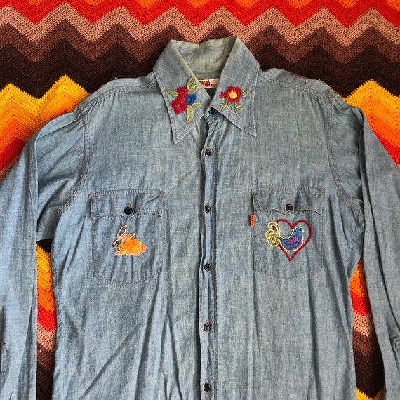 Vintage 1970/'s Denim Embroidered Shirt