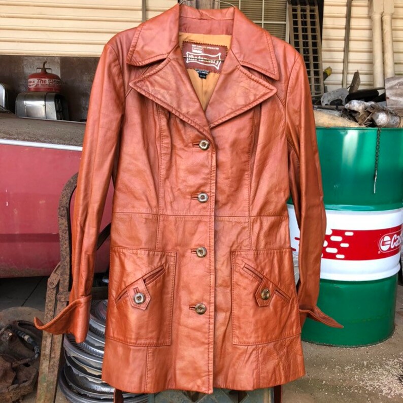 70s Leather Jacket The Tannery Montgomery Ward Coat Vintage Western Style Reddish Brown Long Women S Small