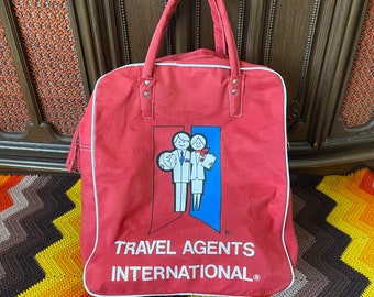 70s Travel Agents International Bag - Vintage 1970s Flight Attendant Carry On Luggage - Red White Blue Tote - Stewardess - Pilot - Canvas