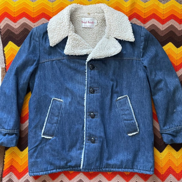 70s Royal Knight Denim Sherpa Coat - Vintage 1970s Denim Overcoat w/ Sherpa Lining - Size XL XLarge - Western Workwear - Barn Chore Jacket