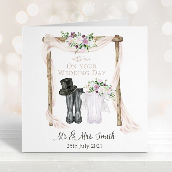 Personalised Welly Boot Wedding Day Card, Wellie Boot Wedding, Congratulations, To The Happy Couple, Wedding Card. Wedding Day Keepsake