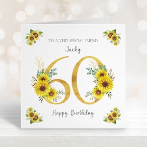 60e carte d'anniversaire tournesol personnalisée, carte pour maman, carte pour nounou, grand-mère, carte pour soeur, tante, nom, carte d'anniversaire, âge