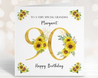 Personalised 90th Sunflower Birthday Card, Card for Mum, Card for Nan, Grandma, Card for Sister, Auntie, Name Birthday Card, Age Birthday