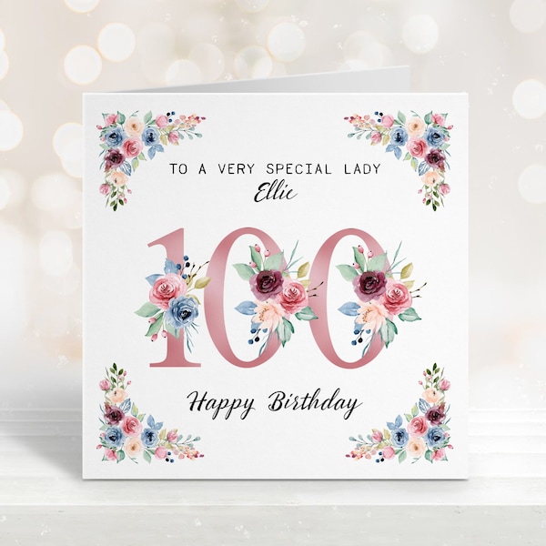 Personalised 100th Happy Birthday Card, Card for Mum, Card for Nan, Grandma, Card for Sister, Auntie, Name Birthday Card, Age Birthday