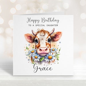 Carte d'anniversaire personnalisée vache, carte d'anniversaire vache mignonne, carte pour un ami, carte pour fille, cadeaux vache, carte vache, carte pour maman, vache florale