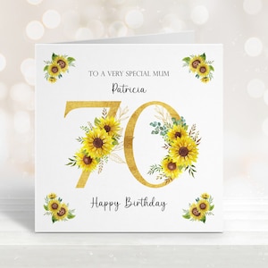 Carte d'anniversaire personnalisée 70e tournesol, maman, grand-mère, grand-mère, soeur, tante, aquarelle florale, nom carte d'anniversaire, anniversaire d'âge