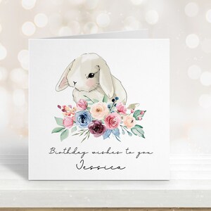 Personalised Bunny Rabbit Birthday Card, Birthday Card for Friend, Card for Daughter, White Rabbit Gifts, Rabbit Card, Card for Mum